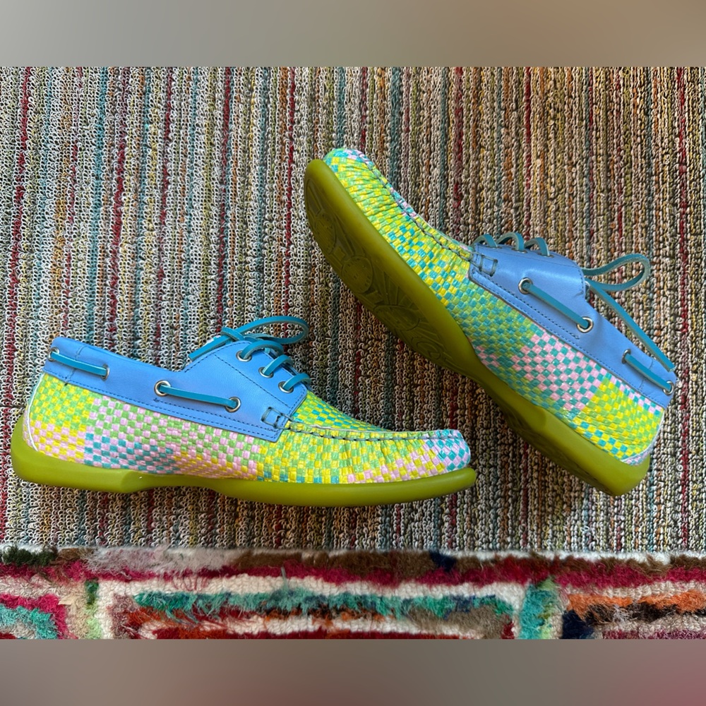 Fluevog LIKE NEW Peacemaker Sailor Swift multi-weave blue loafer boat shoe -9 - Picture 9 of 16